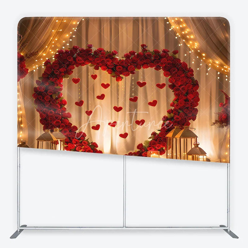 Aperturee - Aperturee Red Roses Heart Arch with Hanging Hearts Square Double-Sided Backdrop Romantic Valentine’s Day Wedding Decor