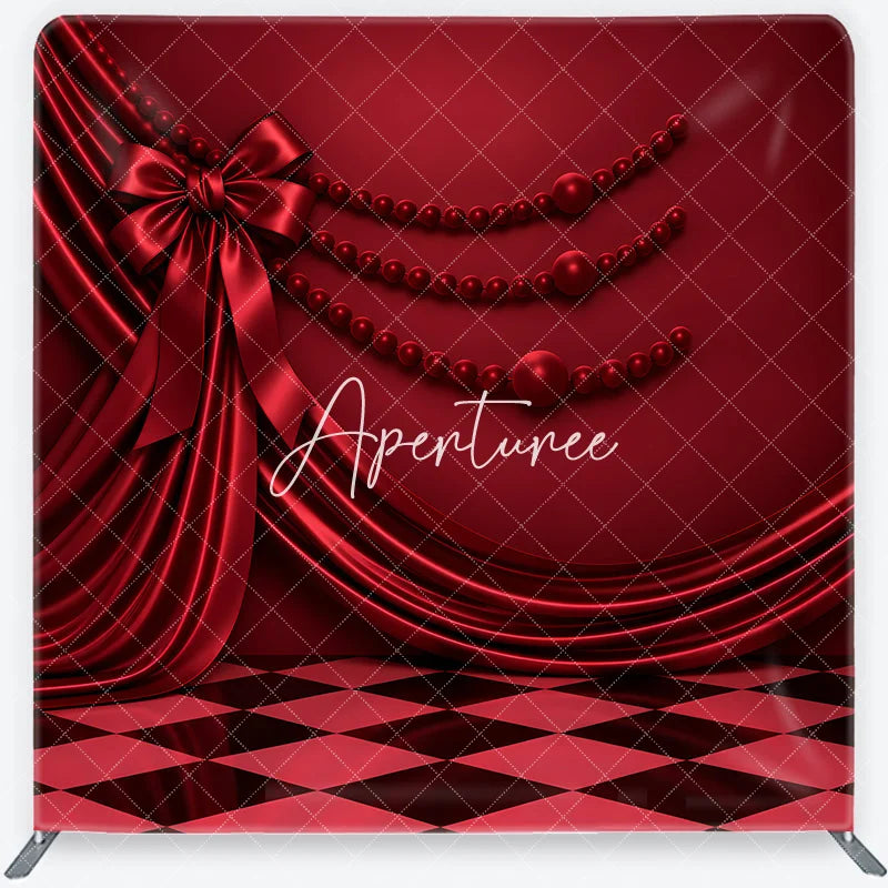 Aperturee - Aperturee Red Satin Drapes and Bow Square Double-Sided Backdrop with Elegant Checkerboard Floor and Pearl Beads