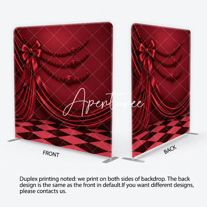 Aperturee - Aperturee Red Satin Drapes and Bow Square Double-Sided Backdrop with Elegant Checkerboard Floor and Pearl Beads