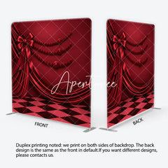 Aperturee - Aperturee Red Satin Drapes and Bow Square Double-Sided Backdrop with Elegant Checkerboard Floor and Pearl Beads