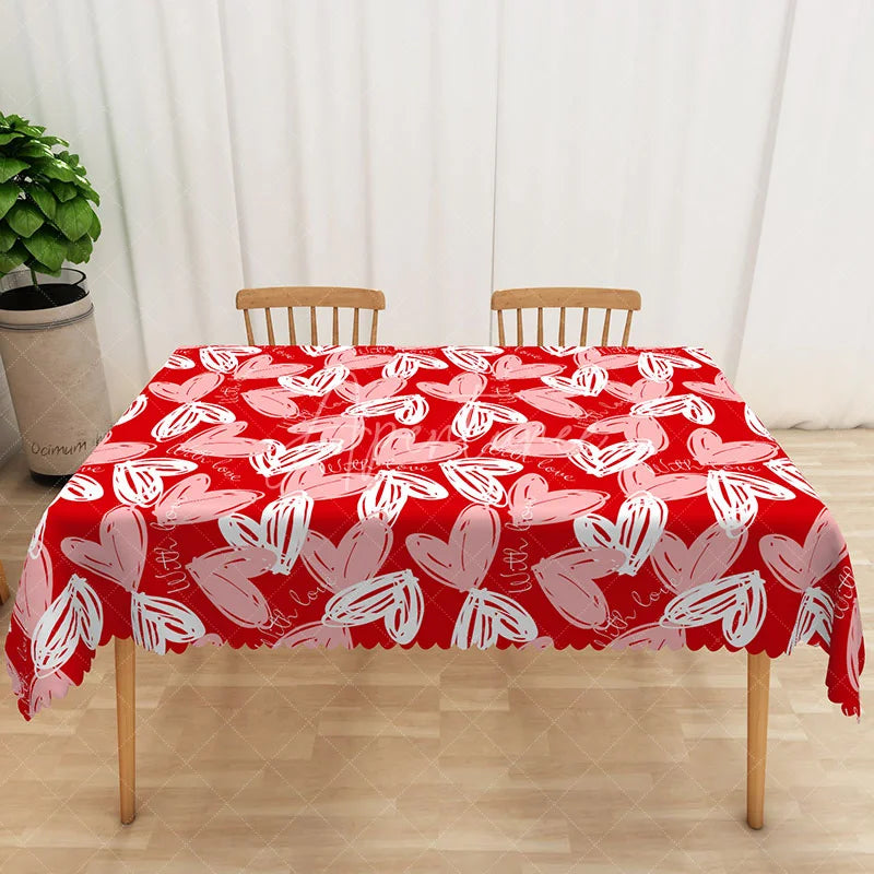 Aperturee - Aperturee Red Scribble Heart Rectangle Tablecloth White Sketchy Love Table Cover Romantic Valentine Dinner Decor