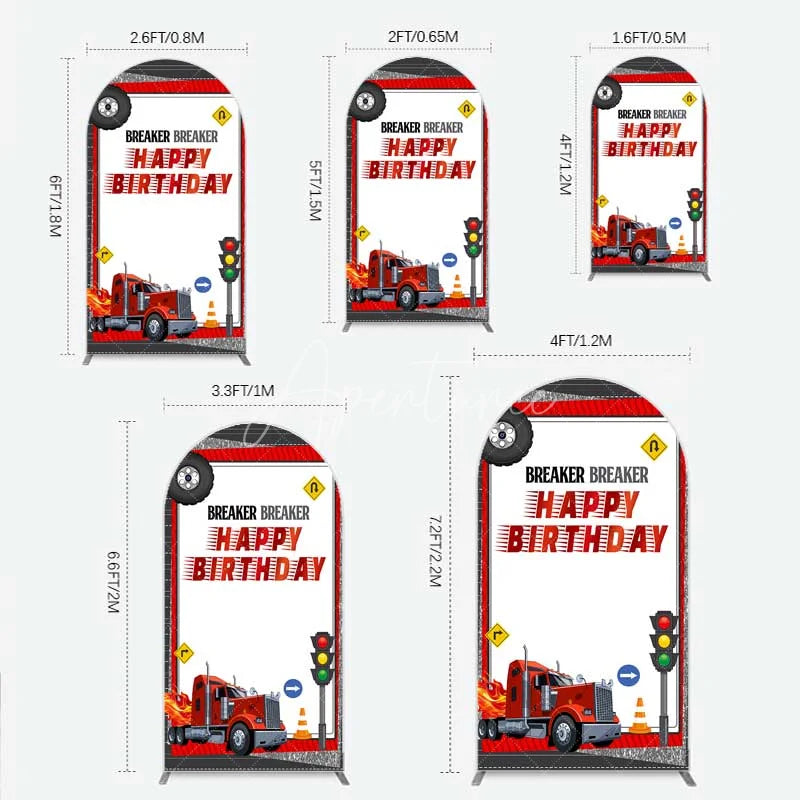 Aperturee - Aperturee Red Semi Truck Arch Backdrop Transportation Birthday Party Tire Photography Background
