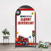 Aperturee - Aperturee Red Semi Truck Arch Backdrop Transportation Birthday Party Tire Photography Background
