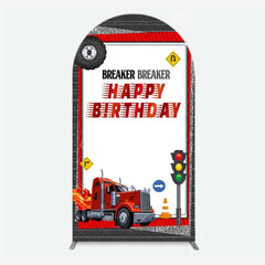 Aperturee - Aperturee Red Semi Truck Arch Backdrop Transportation Birthday Party Tire Photography Background