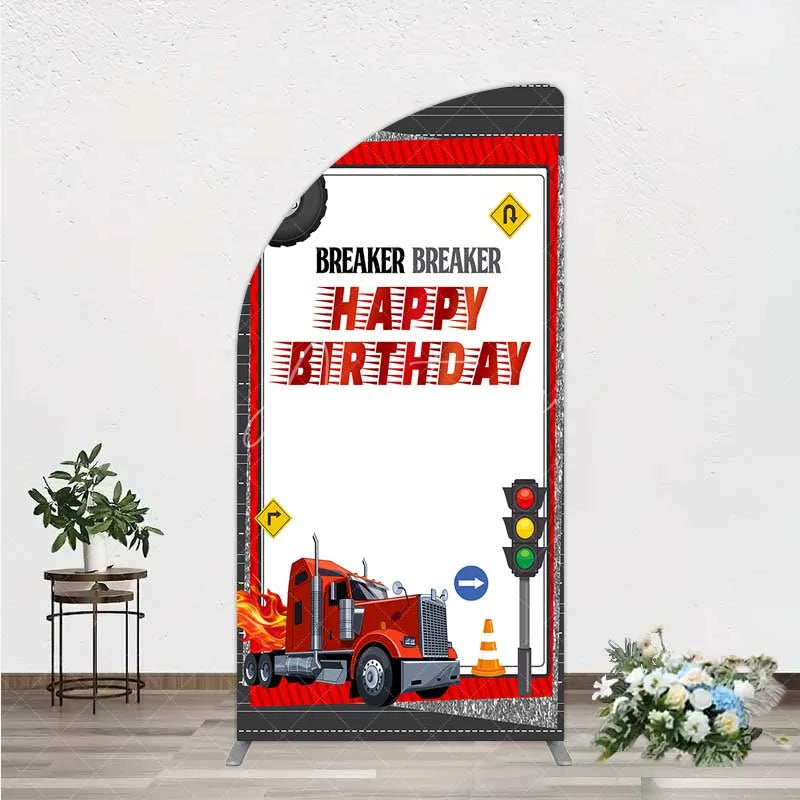 Aperturee - Aperturee Red Semi Truck Half Moon Arch Backdrop Transportation Birthday Party Tire Photography Background