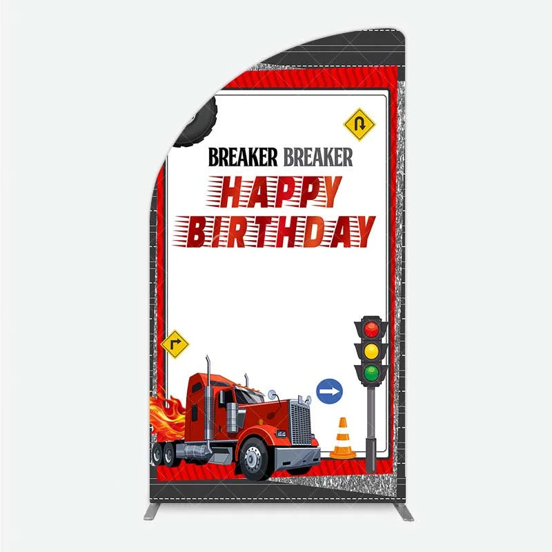 Aperturee - Aperturee Red Semi Truck Half Moon Arch Backdrop Transportation Birthday Party Tire Photography Background