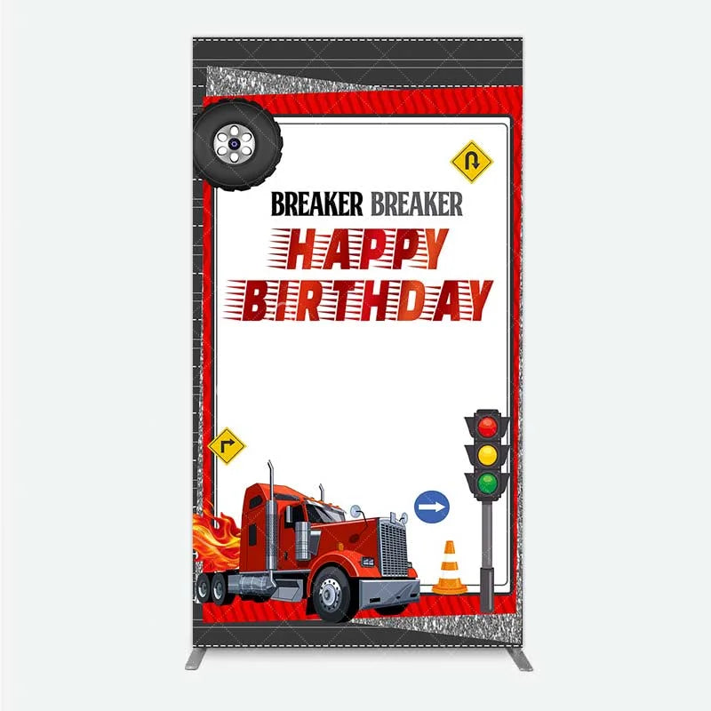 Aperturee - Aperturee Red Semi Truck Rectangle Backdrop Transportation Birthday Party Tire Photography Background
