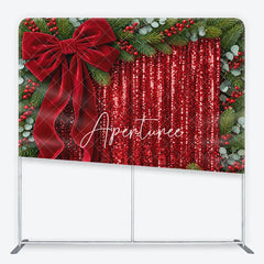 Aperturee - Aperturee Red Sequins and Velvet Bow Christmas Square Double-Sided Backdrop Pine Branches and Berries Holiday Decor
