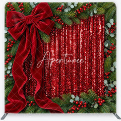 Aperturee - Aperturee Red Sequins and Velvet Bow Christmas Square Double-Sided Backdrop Pine Branches and Berries Holiday Decor