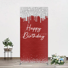 Aperturee - Aperturee Red Silver Glitter Happy Birthday Rectangle Backdrop