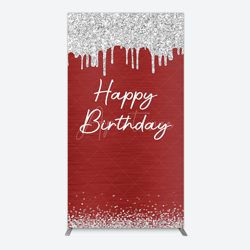 Aperturee - Aperturee Red Silver Glitter Happy Birthday Rectangle Backdrop