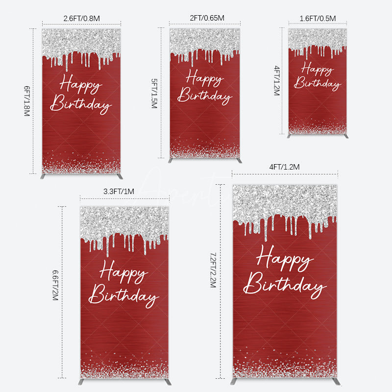 Aperturee - Aperturee Red Silver Glitter Happy Birthday Rectangle Backdrop