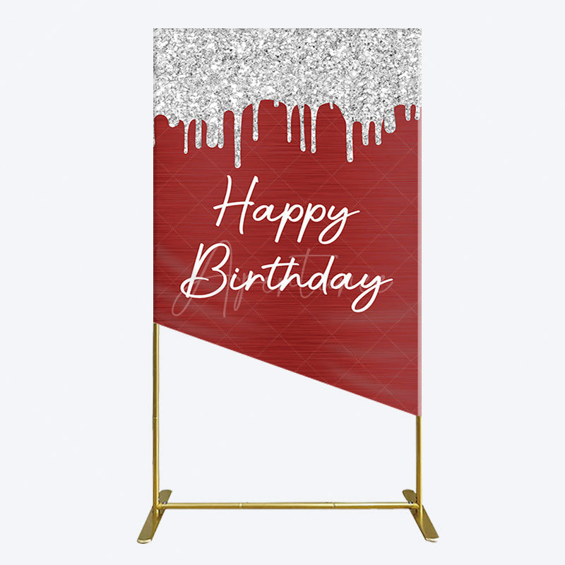 Aperturee - Aperturee Red Silver Glitter Happy Birthday Rectangle Backdrop