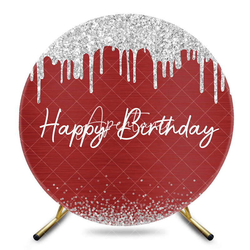 Aperturee - Aperturee Red Silver Glitter Round Happy Birthday Backdrop
