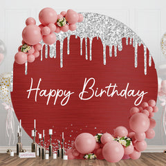 Aperturee - Aperturee Red Silver Glitter Round Happy Birthday Backdrop