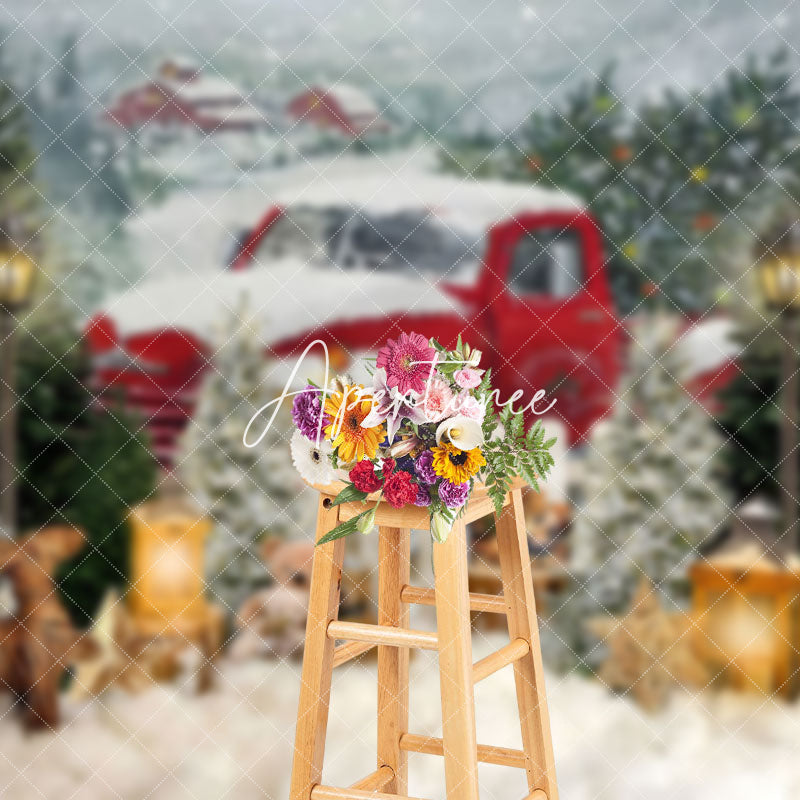 Aperturee - Aperturee Red Snowy Truck Teddy Bear Cabin Christmas Backdrop