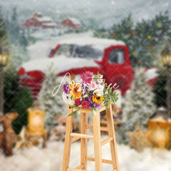 Aperturee - Aperturee Red Snowy Truck Teddy Bear Cabin Christmas Backdrop