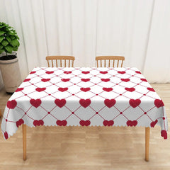 Aperturee - Aperturee Red Stitched Heart Rectangle Tablecloth Geometric Dotted Grid Table Cover Rustic Valentine Farmhouse Decor