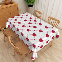 Aperturee - Aperturee Red Stitched Heart Rectangle Tablecloth Geometric Dotted Grid Table Cover Rustic Valentine Farmhouse Decor