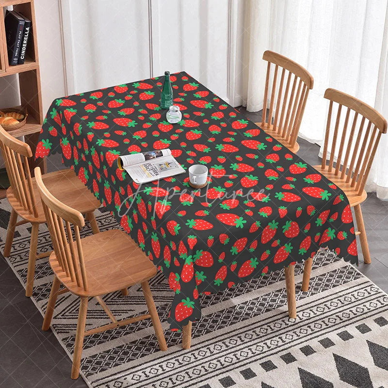 Aperturee - Aperturee Red Strawberry Fruit Rectangle Tablecloth Fresh Summer Berry Pattern on Dark Grey Sweet Kitchen Dining Room Decor