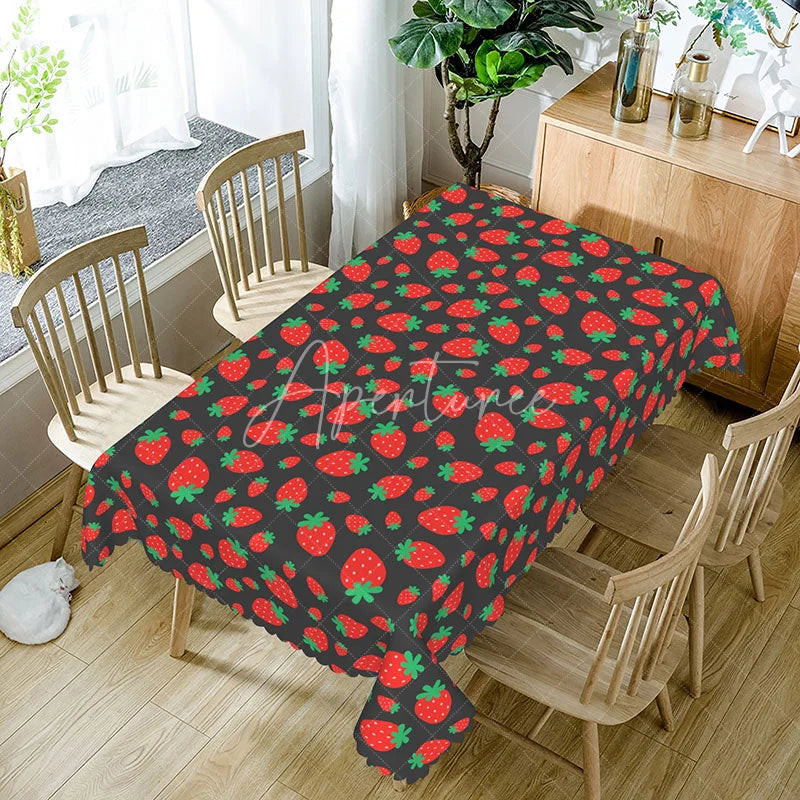 Aperturee - Aperturee Red Strawberry Fruit Rectangle Tablecloth Fresh Summer Berry Pattern on Dark Grey Sweet Kitchen Dining Room Decor