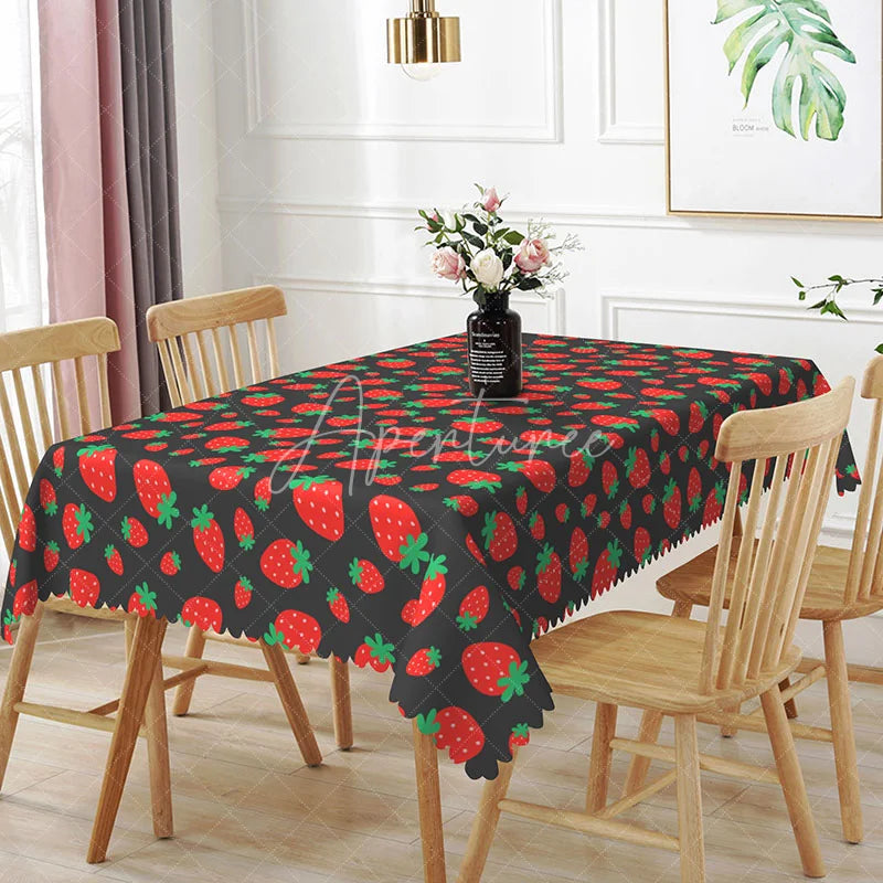 Aperturee - Aperturee Red Strawberry Fruit Rectangle Tablecloth Fresh Summer Berry Pattern on Dark Grey Sweet Kitchen Dining Room Decor
