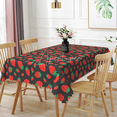 Aperturee - Aperturee Red Strawberry Fruit Rectangle Tablecloth Fresh Summer Berry Pattern on Dark Grey Sweet Kitchen Dining Room Decor