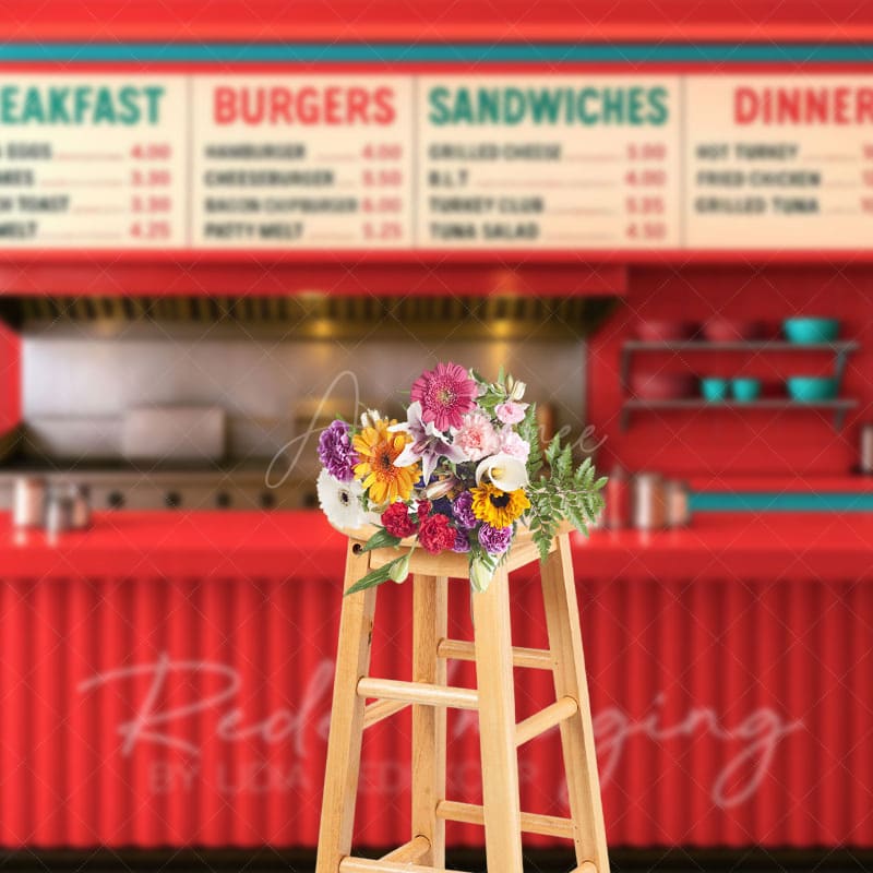 Aperturee - Aperturee Red Teal Retro 50s Diner Cake Smash Photo Backdrop