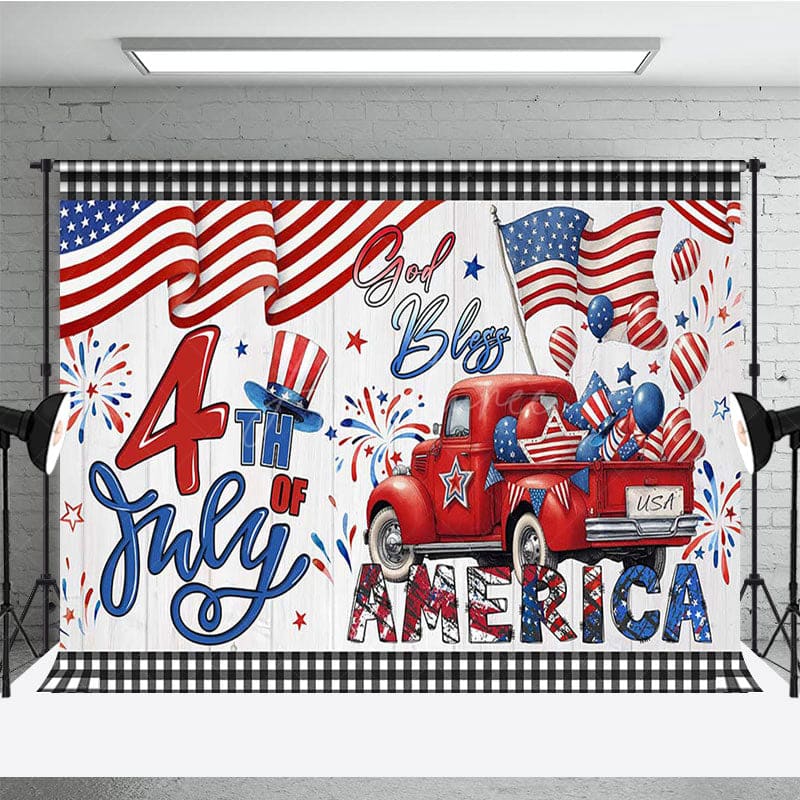 Aperturee - Aperturee Red Truck Flag 4th of July Independence Day Backdrop