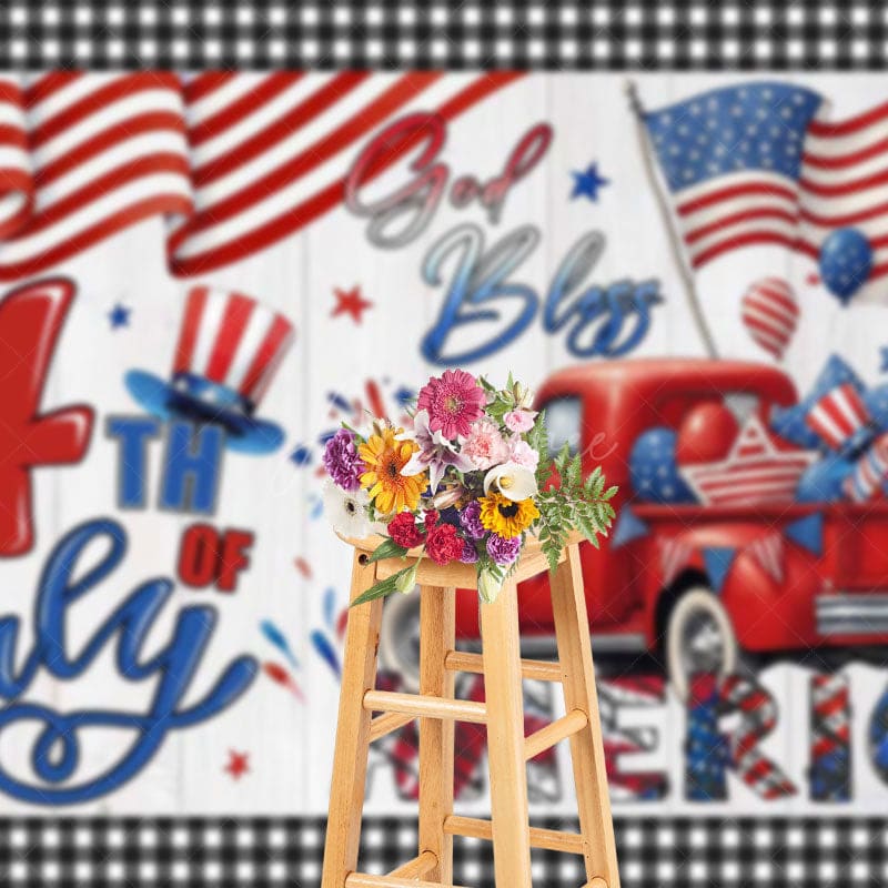 Aperturee - Aperturee Red Truck Flag 4th of July Independence Day Backdrop