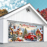 Aperturee - Aperturee Red Vintage Truck and Snowy Christmas Village Garage Door Banner Merry Christmas Holiday Decor