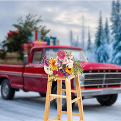 Aperturee - Aperturee Red Vintage Truck Christmas Backdrop Winter Snow Forest Tree Photography Background Car Carrying Gifts Holiday Party