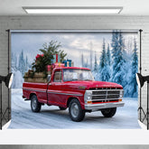 Aperturee - Aperturee Red Vintage Truck Christmas Backdrop Winter Snow Forest Tree Photography Background Car Carrying Gifts Holiday Party