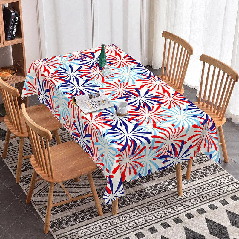 Aperturee - Aperturee Red White and Blue Firework Burst Rectangle Tablecloth Festive Patriotic Party Decor