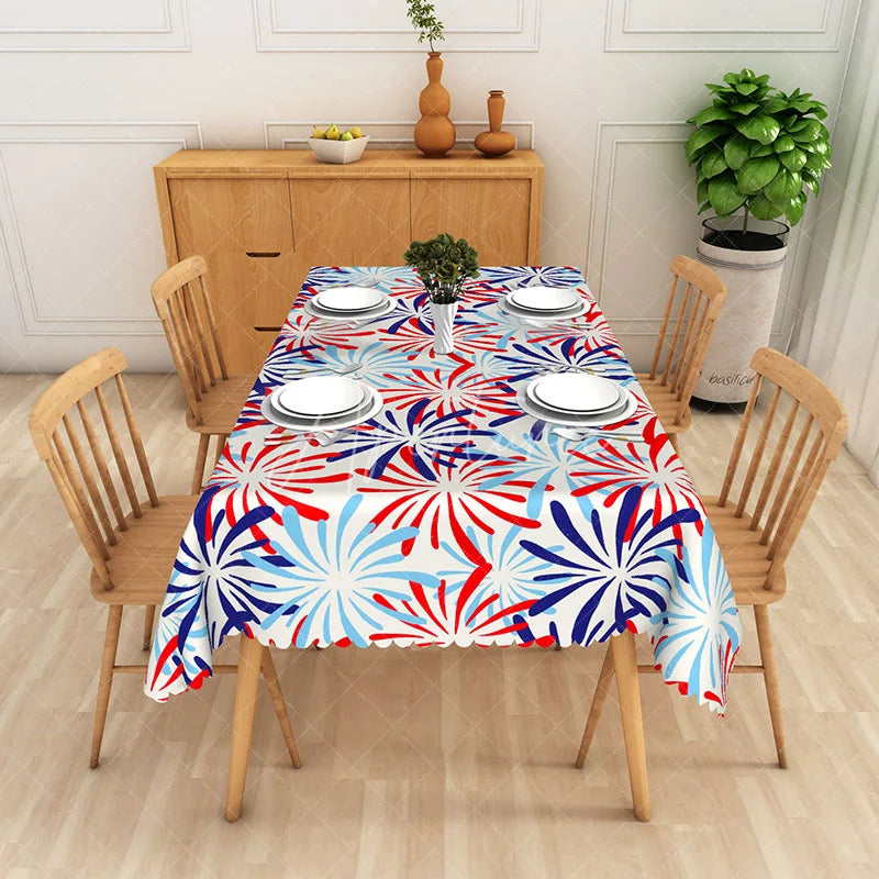 Aperturee - Aperturee Red White and Blue Firework Burst Rectangle Tablecloth Festive Patriotic Party Decor