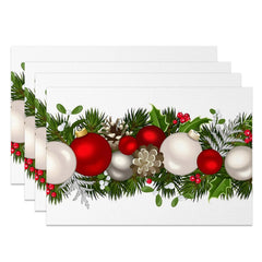 Aperturee - Aperturee Red White Bauble Leaves Christmas Set Of 4 Placemats
