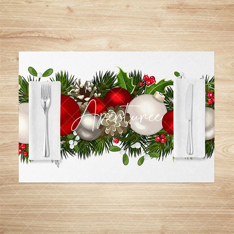 Aperturee - Aperturee Red White Bauble Leaves Christmas Set Of 4 Placemats