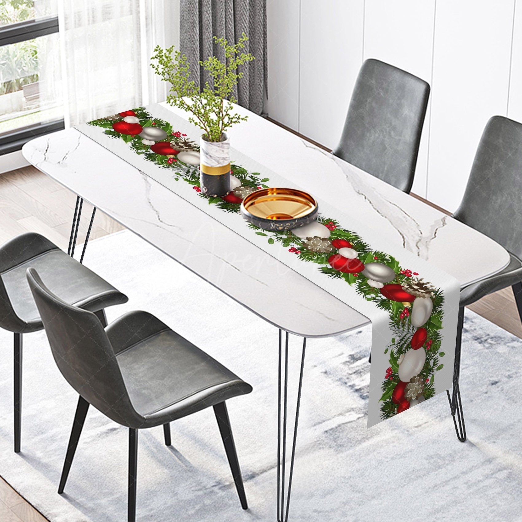 Aperturee - Aperturee Red White Bauble Pine Leaves Christmas Table Runner