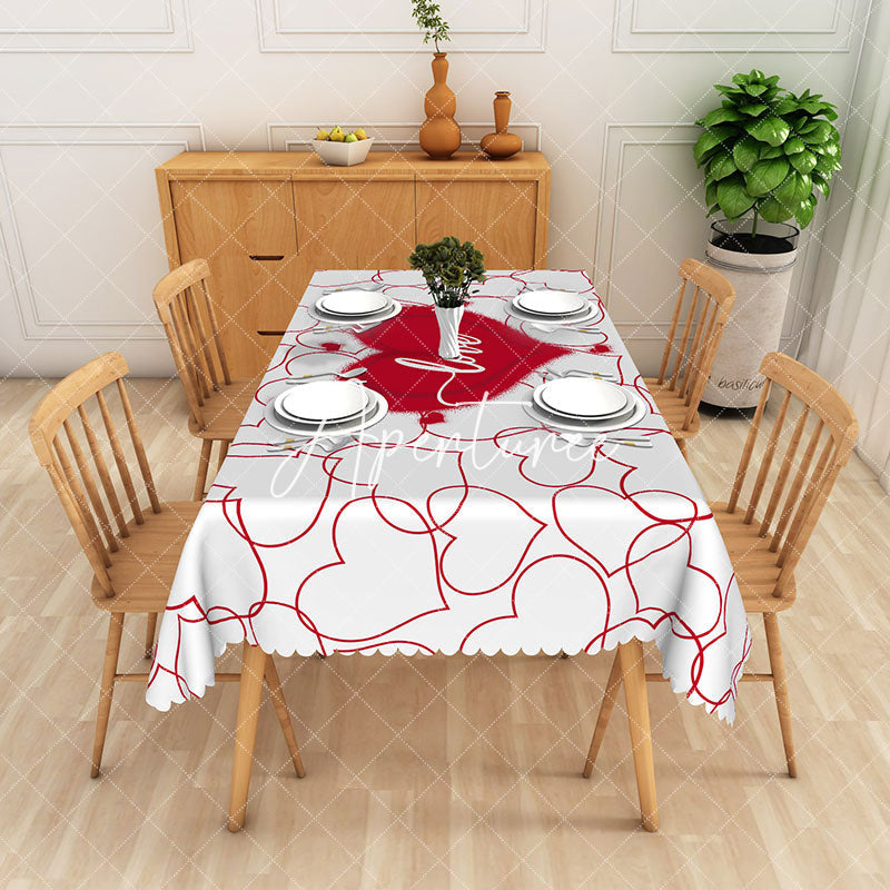 Aperturee - Aperturee Red White Love Heart Valentines Rectangle Tablecloth