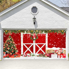 Aperturee - Aperturee Red Wood Barn Door Pine Leaves Garage Door Banner