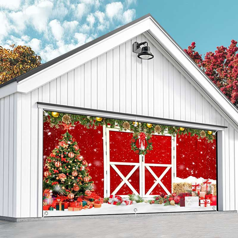 Aperturee - Aperturee Red Wood Barn Door Pine Leaves Garage Door Banner