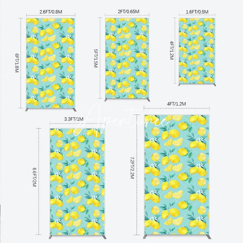 Aperturee - Aperturee Refreshing Watercolor Lemon and Slices Rectangle Arch Backdrop with Green Leaves Fresh Citrus Summer Party Decor