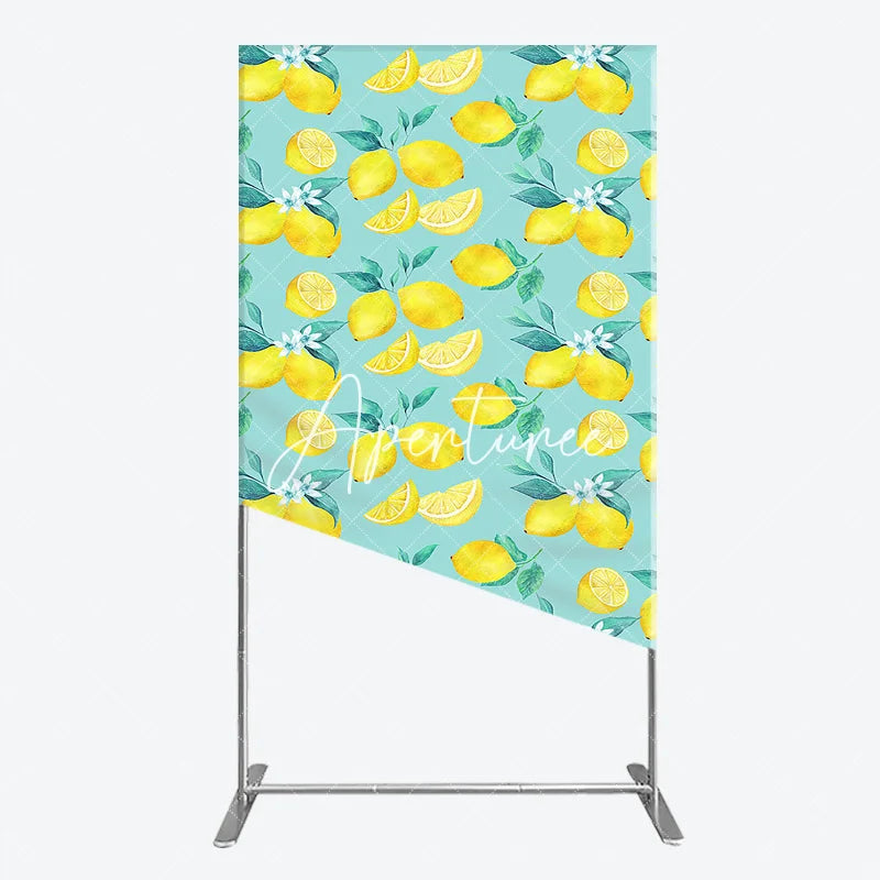 Aperturee - Aperturee Refreshing Watercolor Lemon and Slices Rectangle Arch Backdrop with Green Leaves Fresh Citrus Summer Party Decor