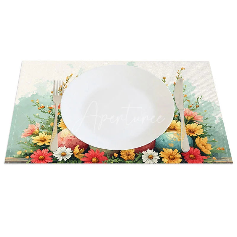 Aperturee - Aperturee Religious Cross Daisy Set of 4 Placemats Colorful Easter Eggs Flower Table Mats Church Event Holiday Decor