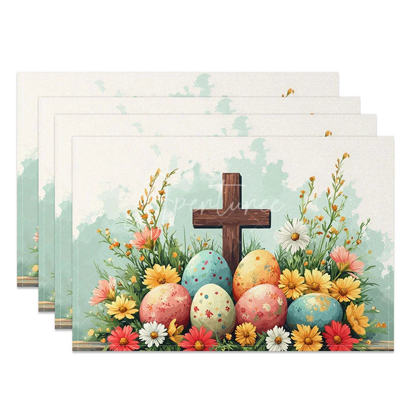 Aperturee - Aperturee Religious Cross Daisy Set of 4 Placemats Colorful Easter Eggs Flower Table Mats Church Event Holiday Decor