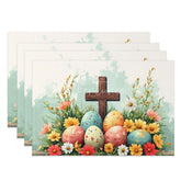 Aperturee - Aperturee Religious Cross Daisy Set of 4 Placemats Colorful Easter Eggs Flower Table Mats Church Event Holiday Decor