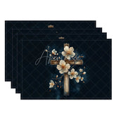 Aperturee - Aperturee Religious Cross Set of 4 Placemats White Flowers and Ribbon Deep Blue Holy Table Mats Decor