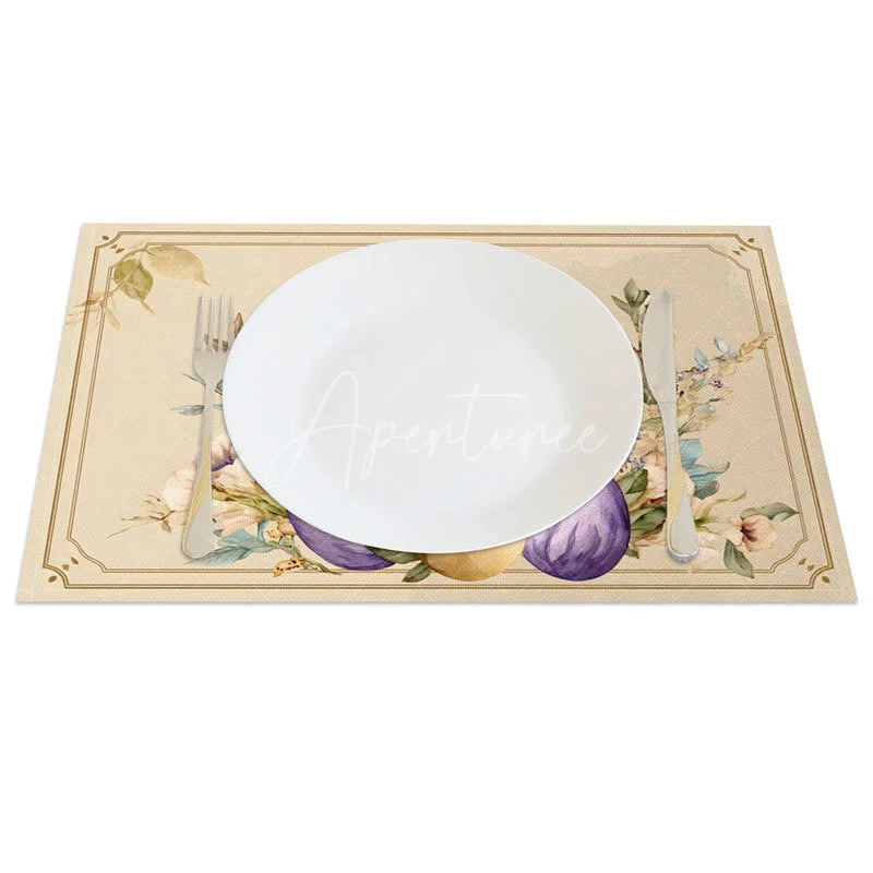 Aperturee - Aperturee Religious Easter Cross Bunny Set of 4 Placemats Purple Egg Floral Rabbit Table Mats for Holy Day