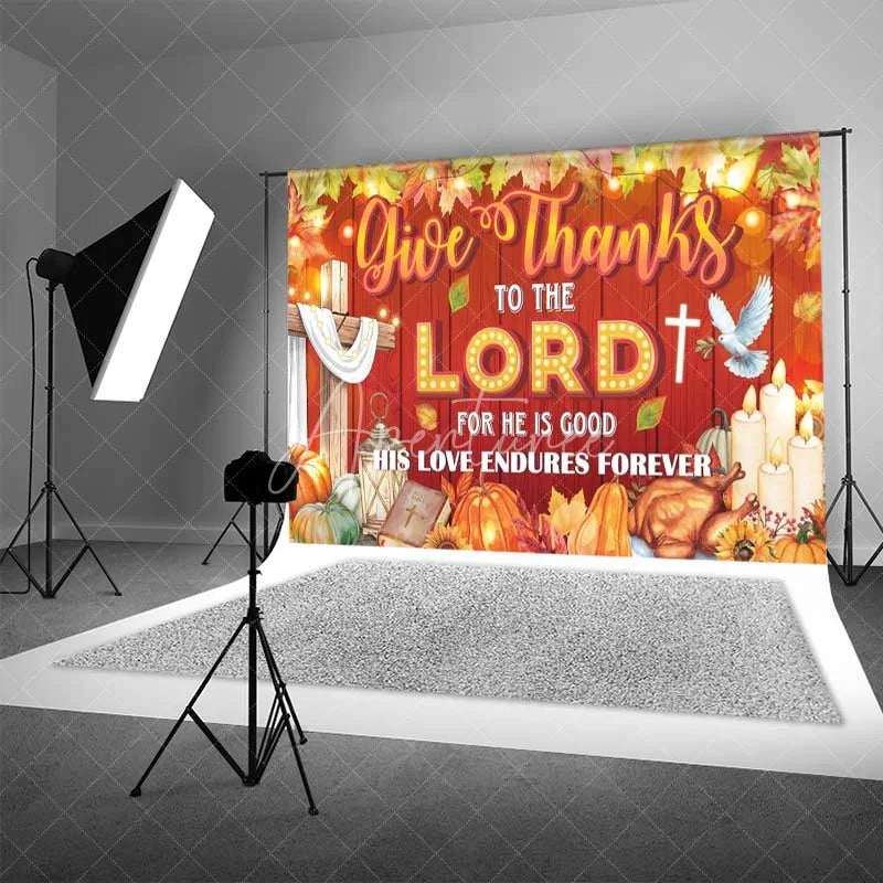 Aperturee - Aperturee Religious Thanksgiving Backdrop Give Thanks to the Lord Red Wood Photography Background
