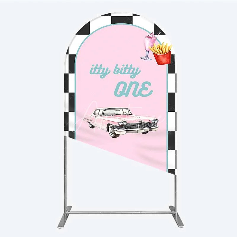 Aperturee - Aperturee Retro 50s Diner Arch Backdrop Pink Classic Car and Milkshake 1st Birthday Party Decoration